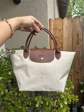 Longchamp Small Tote in Cream with Brown Trim